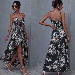 V neck cami thigh slit leaf floral print maxi dress vacation boho